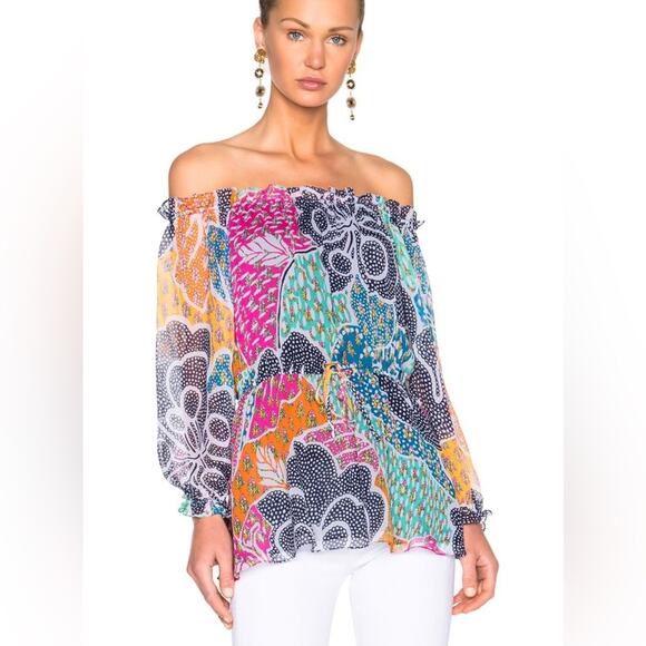 2/$25 Dianne Von Furstenberg Camila Silk Top Off Shoulder Blouse Beach Vacation - Picture 15 of 15